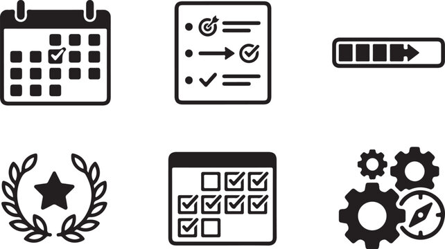 Six black flat icons calendar checklist progress gear award on white