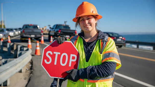 A professional female construction flagger wearing a fluorescent yellow vest and orange hard hat holding a red stop sign beside a coastal highway resurfacing project, pickup trucks and passenger car