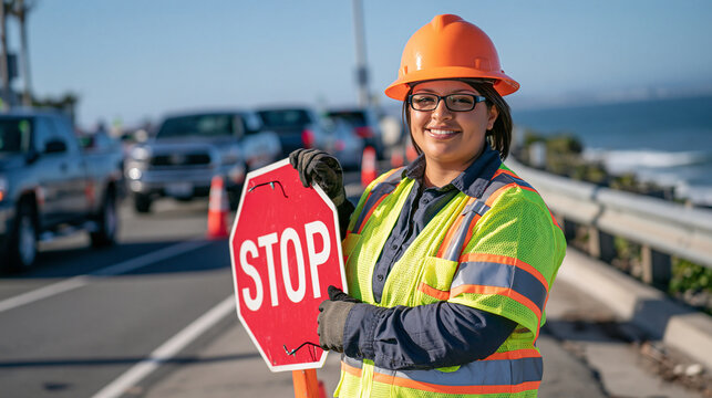 A professional female construction flagger wearing a fluorescent yellow vest and orange hard hat holding a red stop sign beside a coastal highway resurfacing project, pickup trucks and passenger car