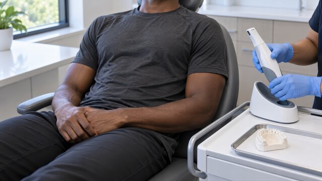 Clinician lifting an inactive intraoral scanner from its cradle beside a waiting sports player and an upper dental cast before custom mouthguard recording