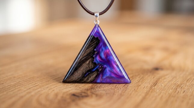 Purple resin triangle pendant with wood grain on wooden surface with