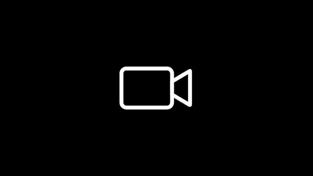 Video recording animation, video camera outline icon with pulsing red rec dot, start recording button for vlog, live stream and video content creator overlays, black background