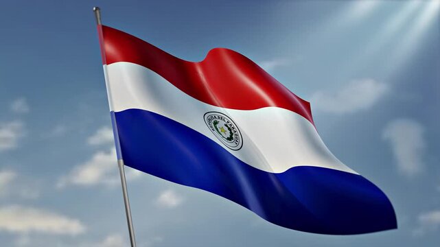 Paraguay Flag Waving with National Coat of Arms and Star of May