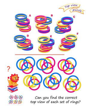 Can you find the correct top view of each set of rings? Logic puzzle game for kids. Develop children spatial thinking. Memory exercise for seniors. Brain teaser book. Hand drawn vector illustration.