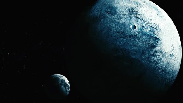 Large icy planet with a small moon floating in dark space with stars, showing a cold, distant sci-fi scene.