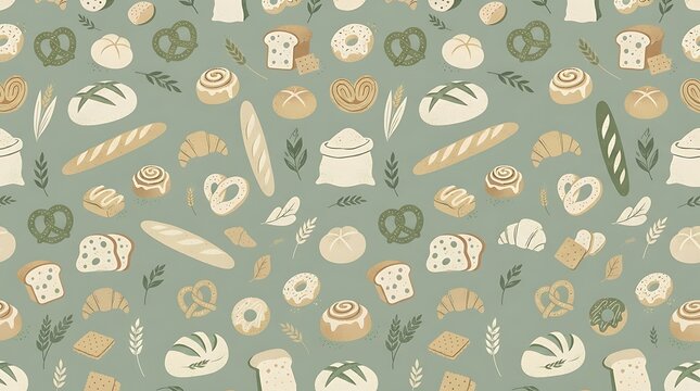 seamless surface pattern design bakery and bread with green color theme