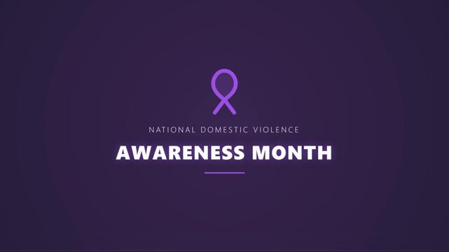 Purple ribbon graphics and animated national domestic violence awareness month text create an advocacy banner for campaigns, education, and support.