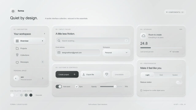 Neumorphic ui kit concept showcasing clean soft tactile interface elements components navigation bars and input fields on a light gray background