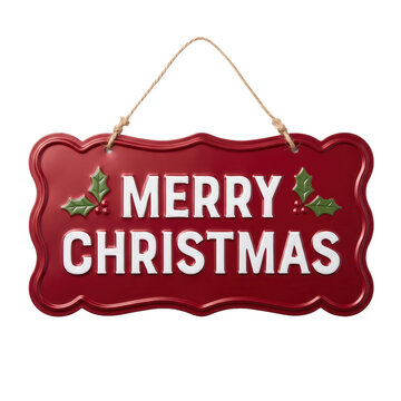 Merry Christmas red metal sign with hanging twine and holly leaf decoration, capturing festive holiday spirit for seasonal marketing, greeting card design and retail promotion.