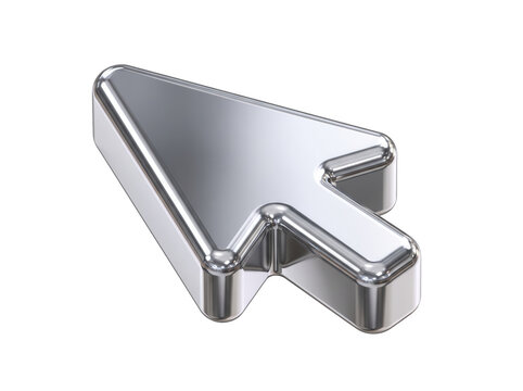 Metallic mouse cursor 3D render icon featuring a glossy chrome arrow pointer, premium technology and digital interface symbol for UI UX design elements and modern software marketing.