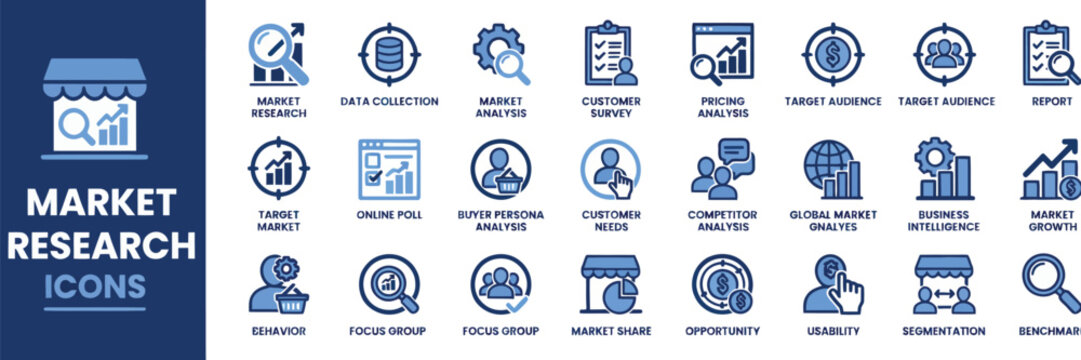 Market Research Vector Icon Set Featuring Data Collection, Market Analysis, Target Audience, Customer Survey, Competitor Analysis, and Business Intelligence Icons   