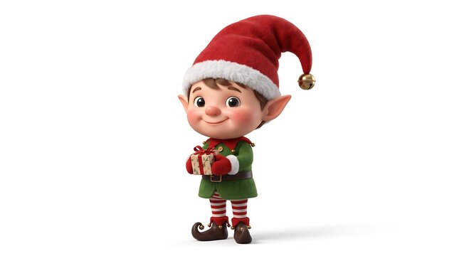 Christmas elf holding small gift box standing isolated on white