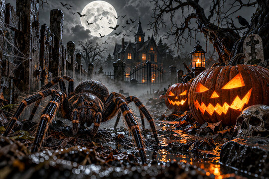 Halloween-Szene mit Tarantel und leuchtendem K&uuml;rbis vor gruseligem Herrenhaus bei Vollmond