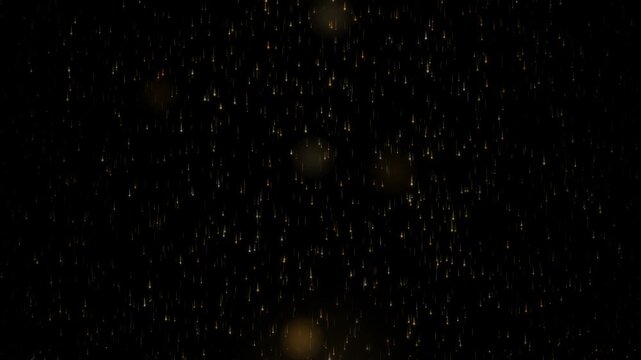 Golden glitter waterfall cascading in dense vertical streams with sparks splashing up from the base against a black background in a seamless loop