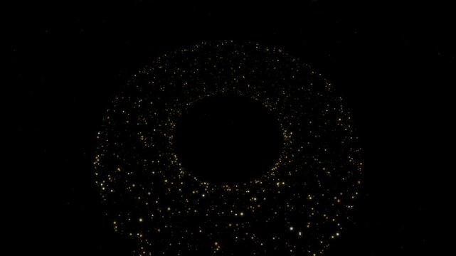 Golden particle torus ring rotating in three dimensional perspective with depth fading and twinkling highlights on black in a seamless loop