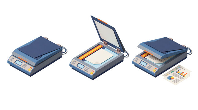 Isometric set of flatbed scanners in three states, closed, open with blank paper, and partially open with a document featuring a pie chart