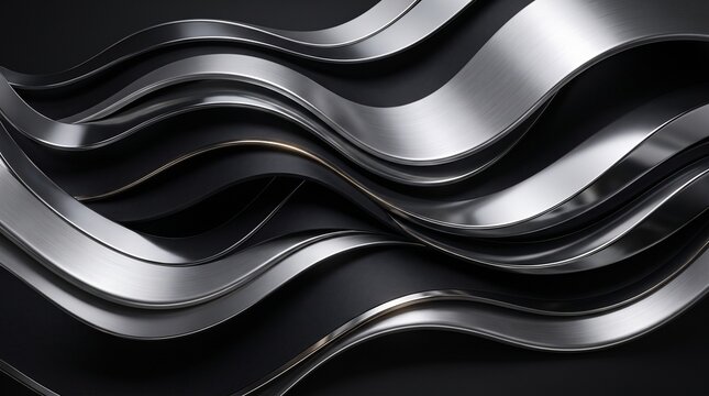 Wavy metallic ribbons create an abstract flowing pattern against a dark background aluminum architecture artistic backgrounds black chrome contemporary curve design form geometric gradient lines