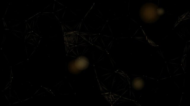 Golden particle network with glowing link lines connecting drifting nodes into shifting triangles across a deep black background in a slow seamless loop
