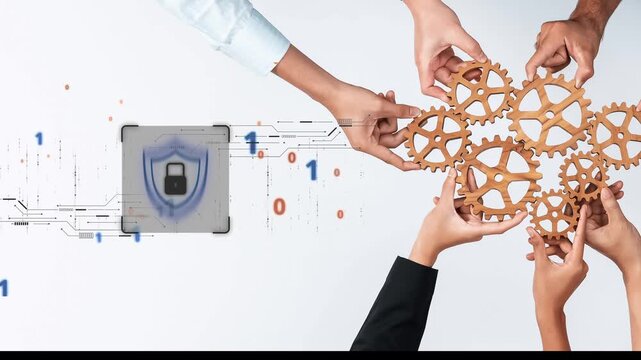 A group of diverse hands collaboratively holding gears, symbolizing teamwork in technology and innovation, set against a digital backdrop of security elements. Raster