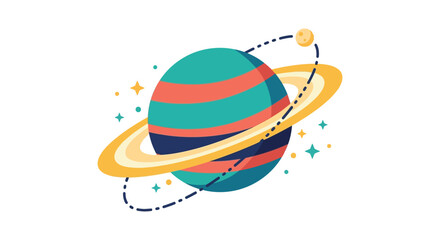 Ringed planet with orbiting moon and stars is a colorful vector illustration on a white background © Monira
