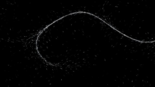 Silver particles streaming along smooth curved flow lines that swirl and fold across a black background in a slow seamless loop