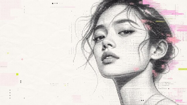 ASCII art portrait of a young woman with a retro y2k pixel design