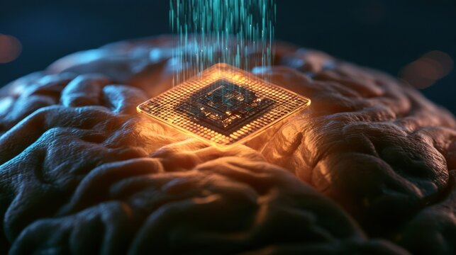 A neural implant chip is placed on a human brain cortex. An electrode array shows data streams rising from the chip in a dark setting.