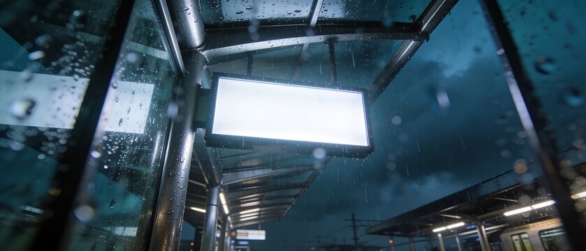 A blank glowing lightbox sign hanging in a modern train station during a rainy night provides a cinematic mockup space for advertising.