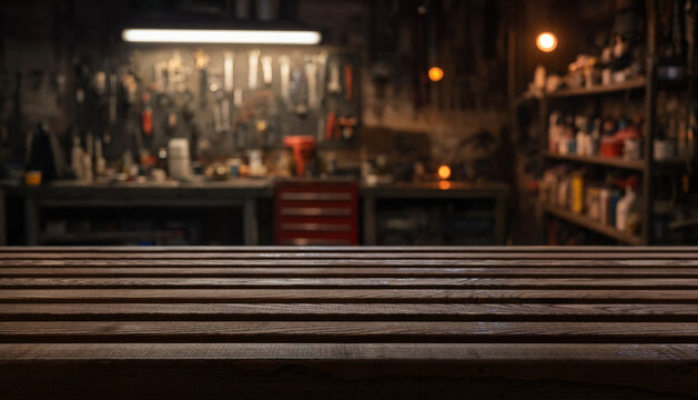 Wooden bench fronts softly blurred automotive repair workshop, with tool storage, red cabinet and stocked shelves behind it. Open tabletop provides useful copy space in warmly lit garage.