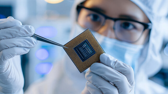 Close-up of an Asian semiconductor engineer in a white cleanroom suit using precision tweezers to examine a square microprocessor chip, gloved hands and intricate gold contact pins in sharp focus, c