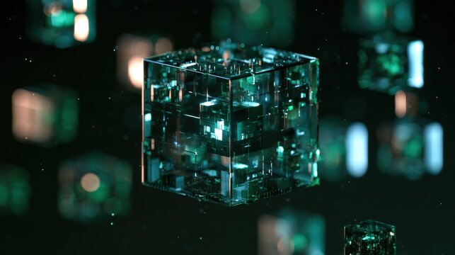 Visual representation of quantum blockchain with transparent cubes and glowing elements against a dark background, highlighting crypto convergence.