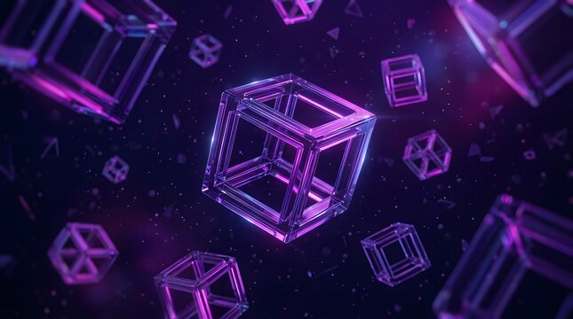 Floating geometric cubes with neon lights and dark space background