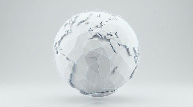 Geometric Polygonal White Planet Earth Globe Sphere Isolated on Clean Light Background Concept Art Representing International Connectivity World Network Communication Technology Mesh 3D Rendering