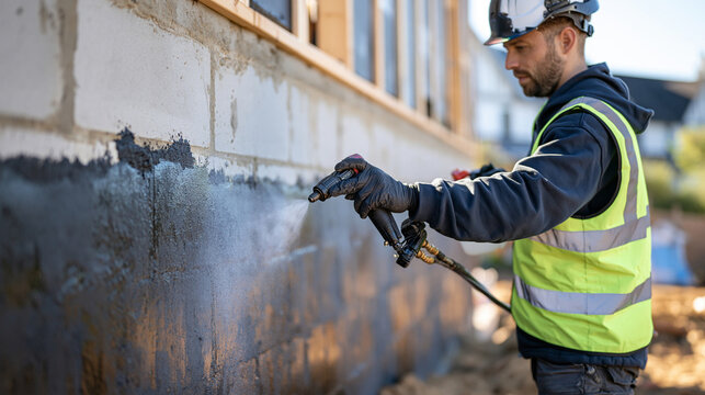 Over-the-shoulder view of a construction worker applying black waterproofing spray to the exterior foundation of a house under construction, gloved hand gripping the spray gun while a fine mist sett