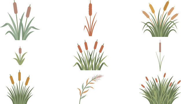 Set of flat vector cattail plants and reeds for wetland landscape design