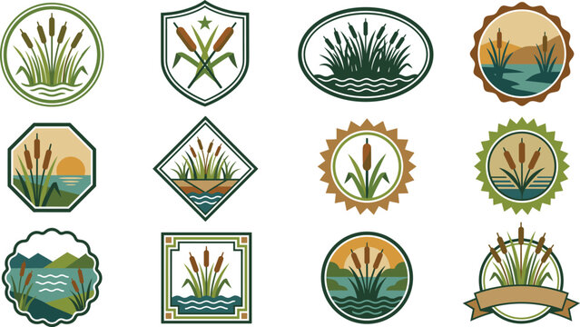 Set of vintage emblems with cattail plants and swamp landscape designs