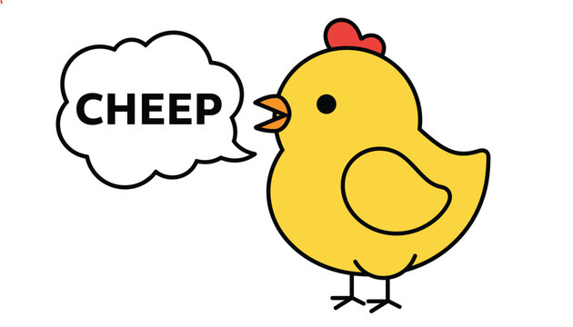 Cute yellow baby chick with speech bubble saying cheep on clean isolated white background.