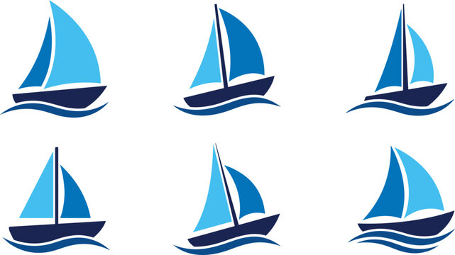 &bull; Sailboat and yacht logos set with blue sails on ocean waves vector icons