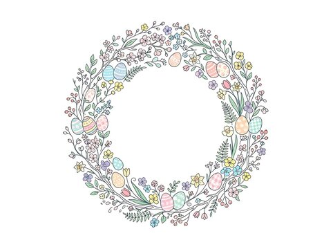 Hand drawn easter wreath, spring flowers with decorative eggs, pastel circular botanical frame