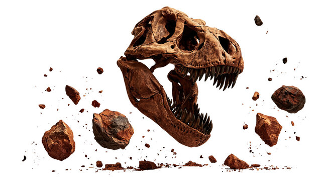 Tyrannosaurus Rex dinosaur skull with floating rocks isolated on transparent background PNG cutout