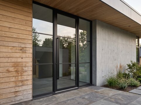 a professional architectural photograph of a modern home's entrance featuring a tall black steel-framed front door with large vertical glass panels, slim metal mullions, and a minimalist black handle.