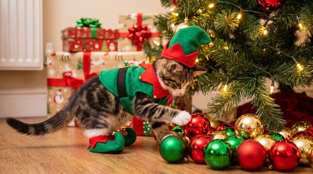 Cute tabby kitten dressed in a Christmas elf costume playing with bauble ornaments under a decorated tree