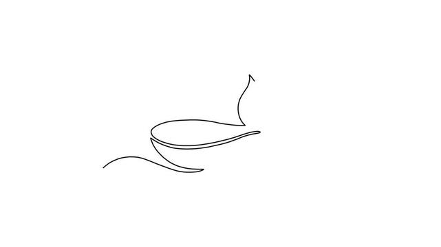 Minimalist continuous single line art of a Diya oil lamp resting on a wave line isolated on white background