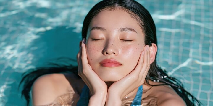 Closeup portrait of woman with closed eyes in pool for calming beauty background and spa wellness poster or banner