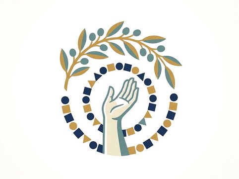 Hand reaching upward, olive branch with geometric circles, peace harmony emblem
