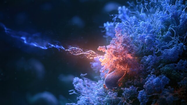 Synthetic mRNA molecule enters cell cytoplasm and is read by ribosome to produce therapeutic protein, depicted in a dark background
