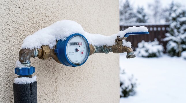 Water meter and outdoor brass faucet covered in snow on a house wall with insulated pipe, representing winter plumbing protection, cold season utility maintenance and freeze prevention