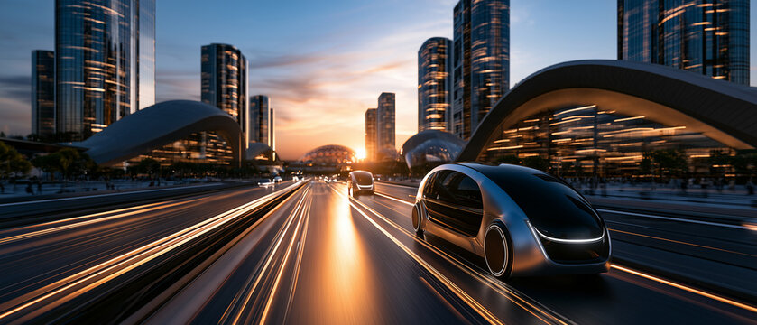 Autonomous pods driving on a modern highway in a futuristic city at sunset, depicting intelligent transportation