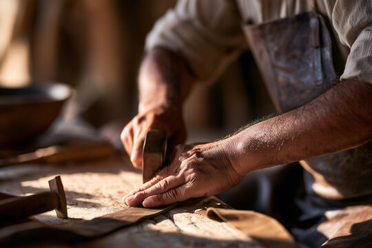Artisan hands crafting leather goods with tools, creating traditional handcrafted products in a workshop
