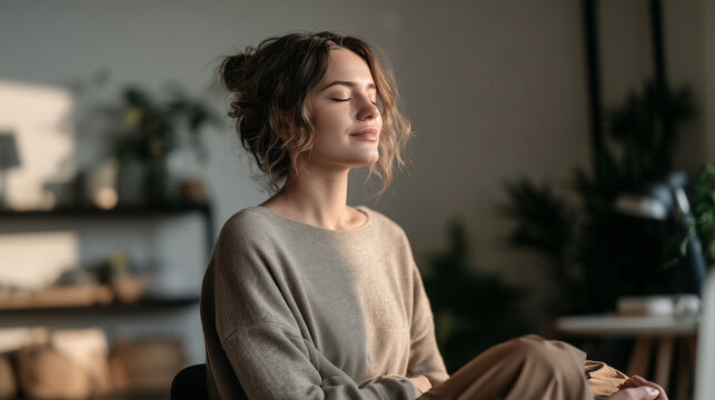 Young woman meditating with eyes closed, relaxing in natural light. Experiencing calm and stress relief through mindfulness